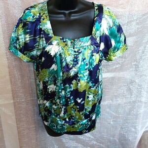 APT 9 Multi Color Blue Green Aqua Cream Baby Doll Top Cap Sleeve, S